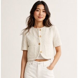 Abercrombie & Fitch Cream Short Sleeve Bouclé Blazer